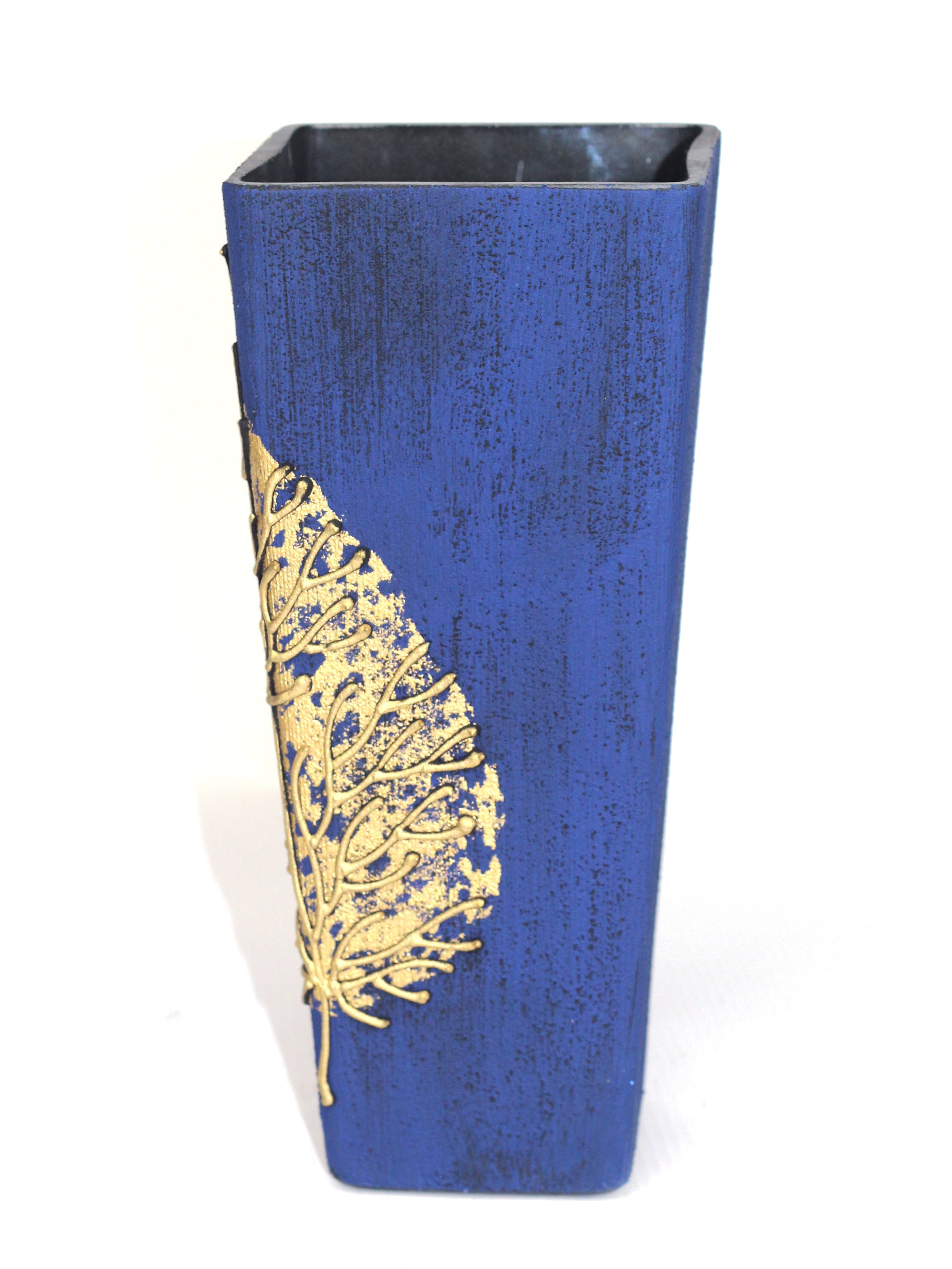 A beautifully hand-painted dark blue decorative glass vase with unique artistic patterns, showcasing its elegant design and craftsmanship.