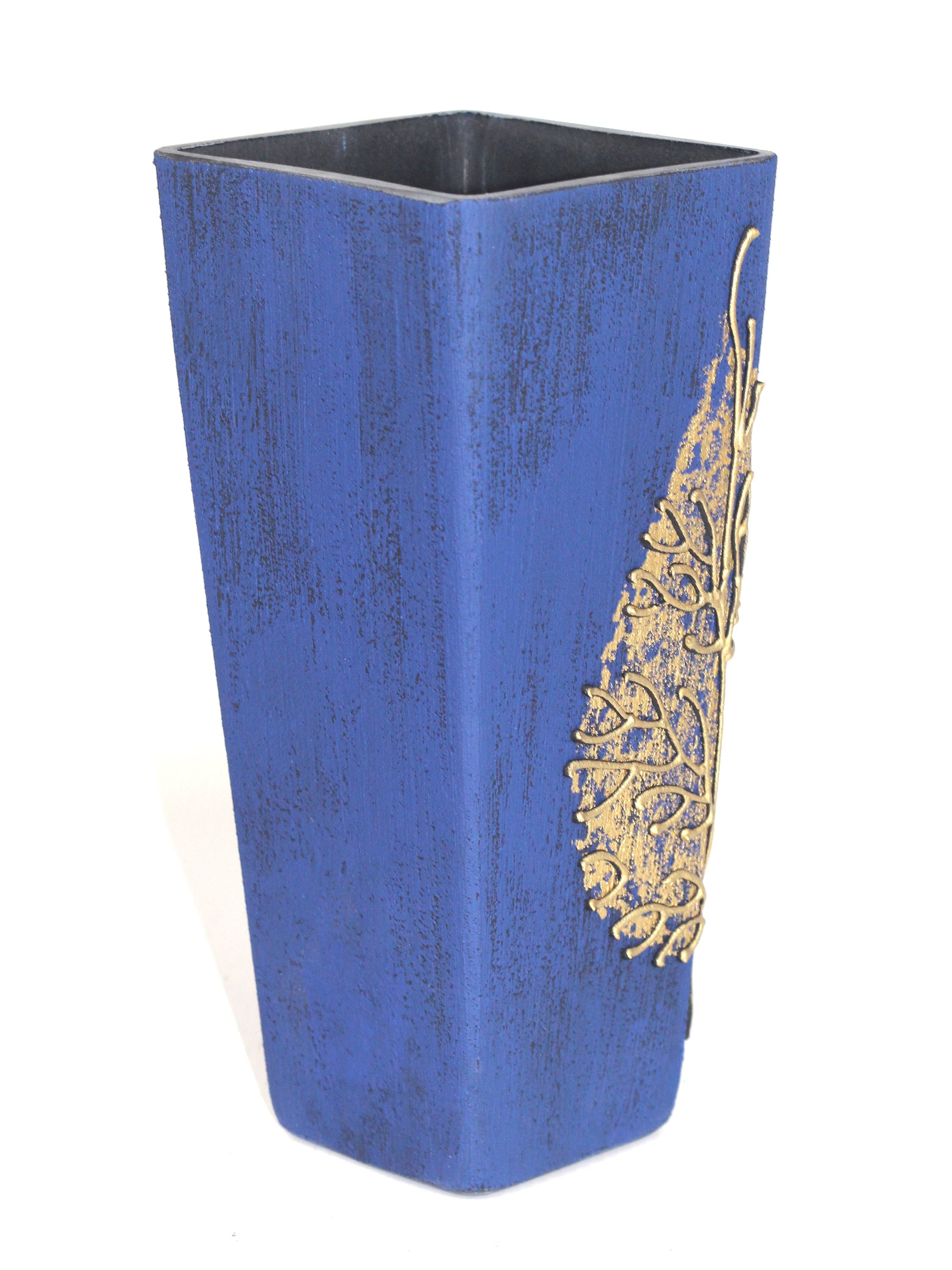 A beautifully hand-painted dark blue decorative glass vase with unique artistic patterns, showcasing its elegant design and craftsmanship.