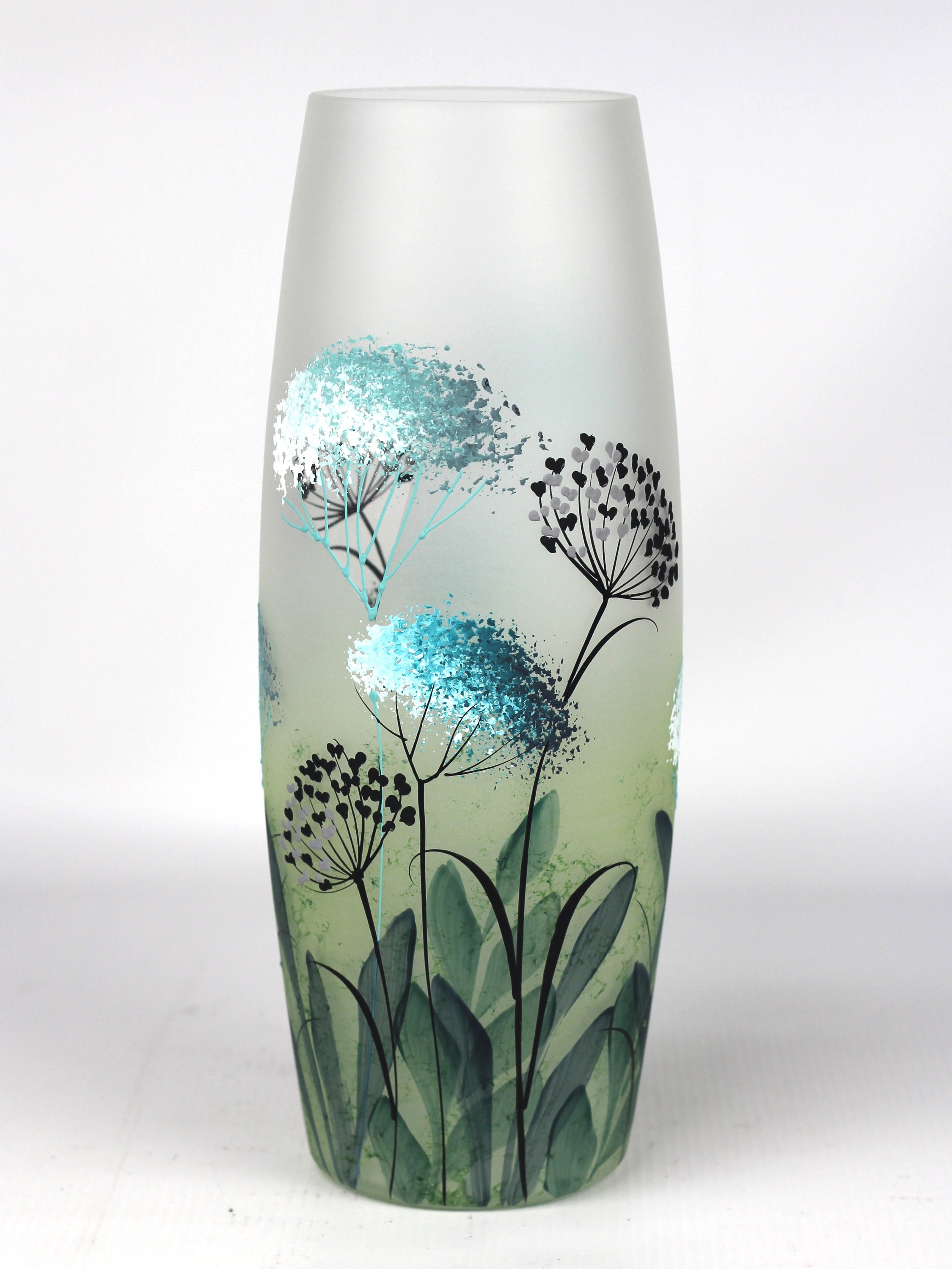 A beautifully hand-painted green decorative glass vase featuring unique nature-inspired designs and high-quality craftsmanship.