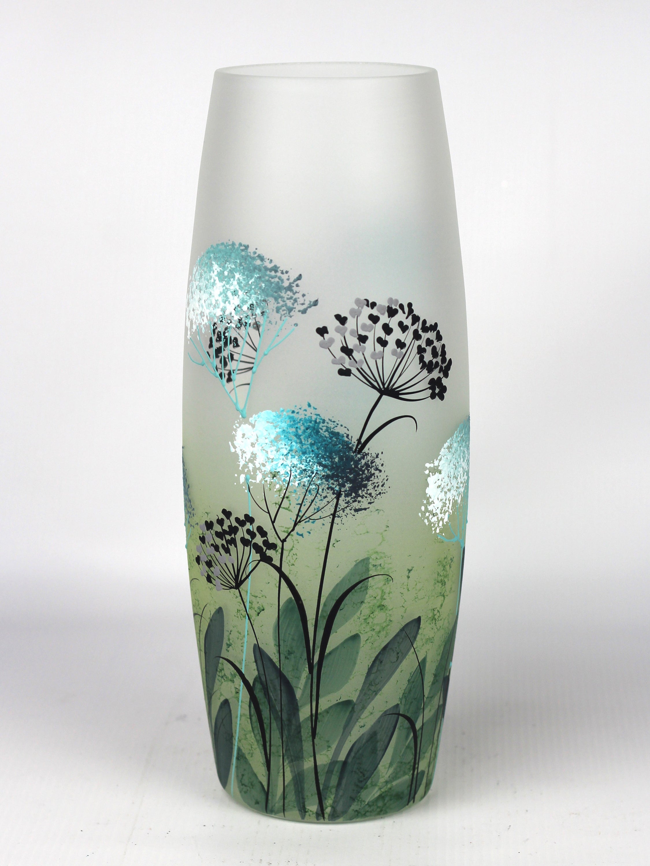 A beautifully hand-painted green decorative glass vase featuring unique nature-inspired designs and high-quality craftsmanship.