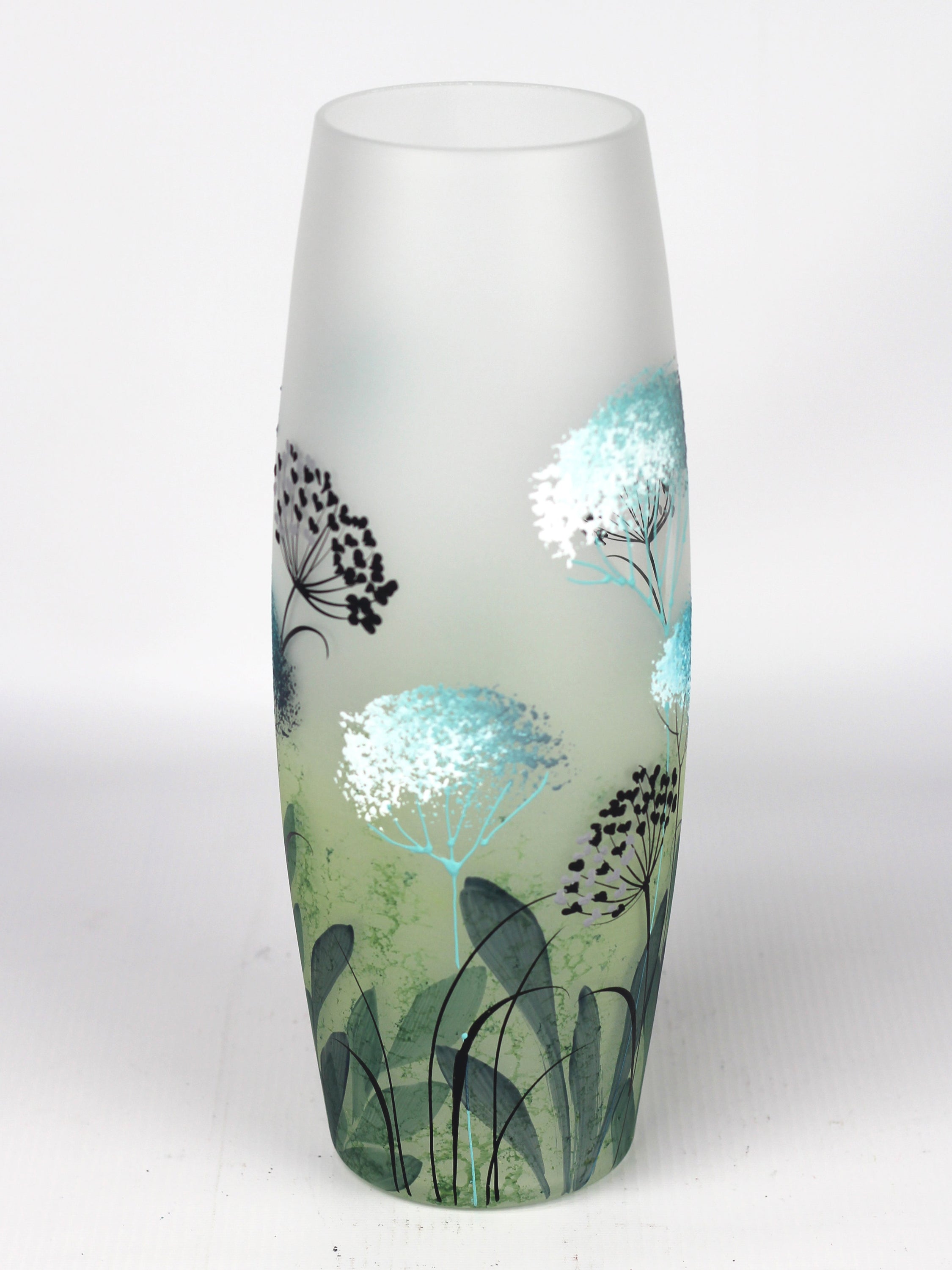 A beautifully hand-painted green decorative glass vase featuring unique nature-inspired designs and high-quality craftsmanship.