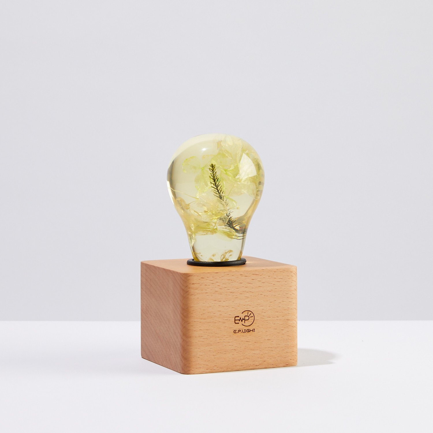 Yellow Hydrangea Table Lamp with eco-friendly resin and wooden base, showcasing vibrant floral design.