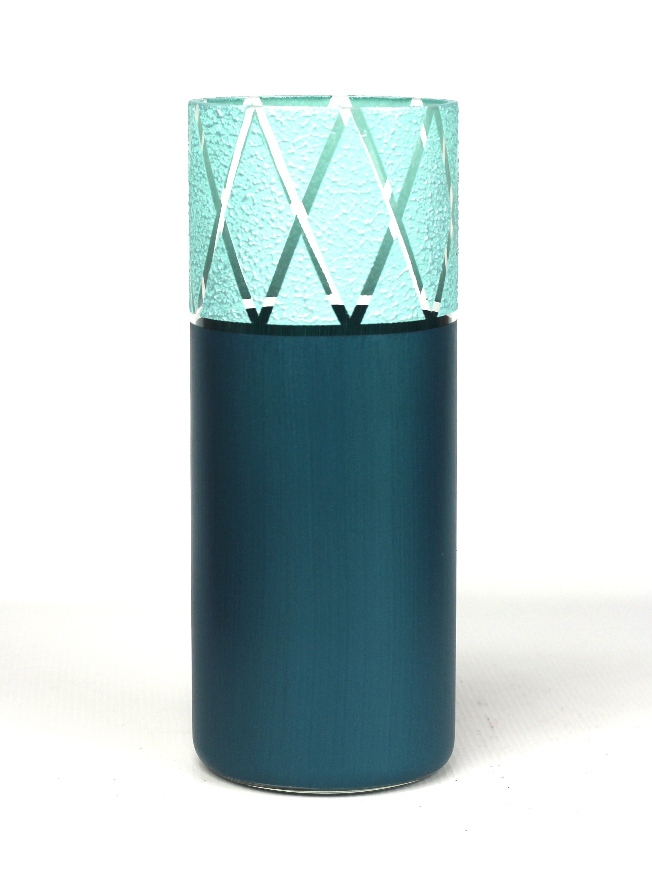 A beautifully hand-painted turquoise decorative glass vase with intricate designs, showcasing unique artistry and craftsmanship.