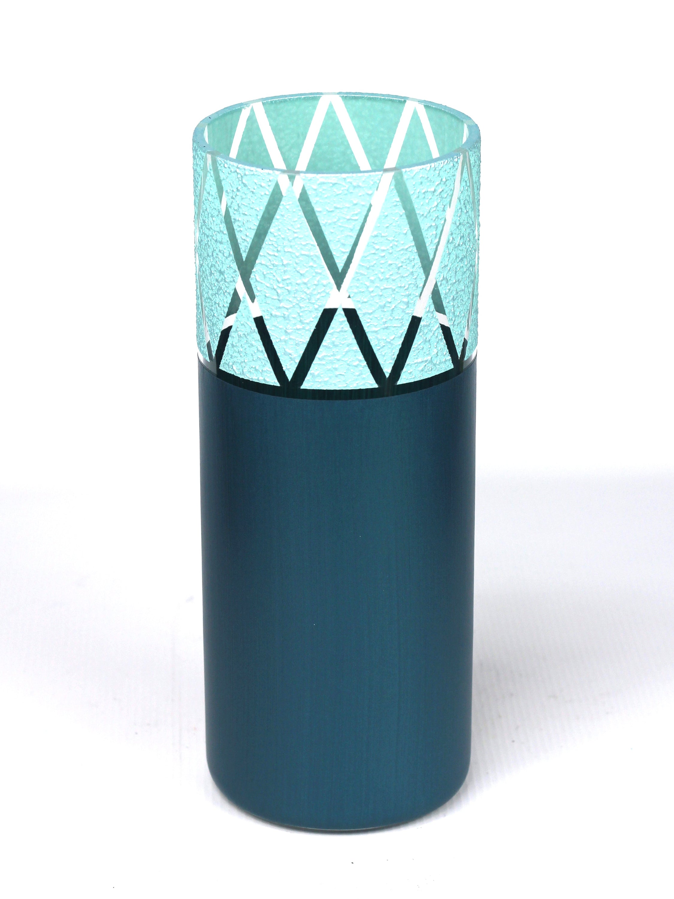 A beautifully hand-painted turquoise decorative glass vase with intricate designs, showcasing unique artistry and craftsmanship.