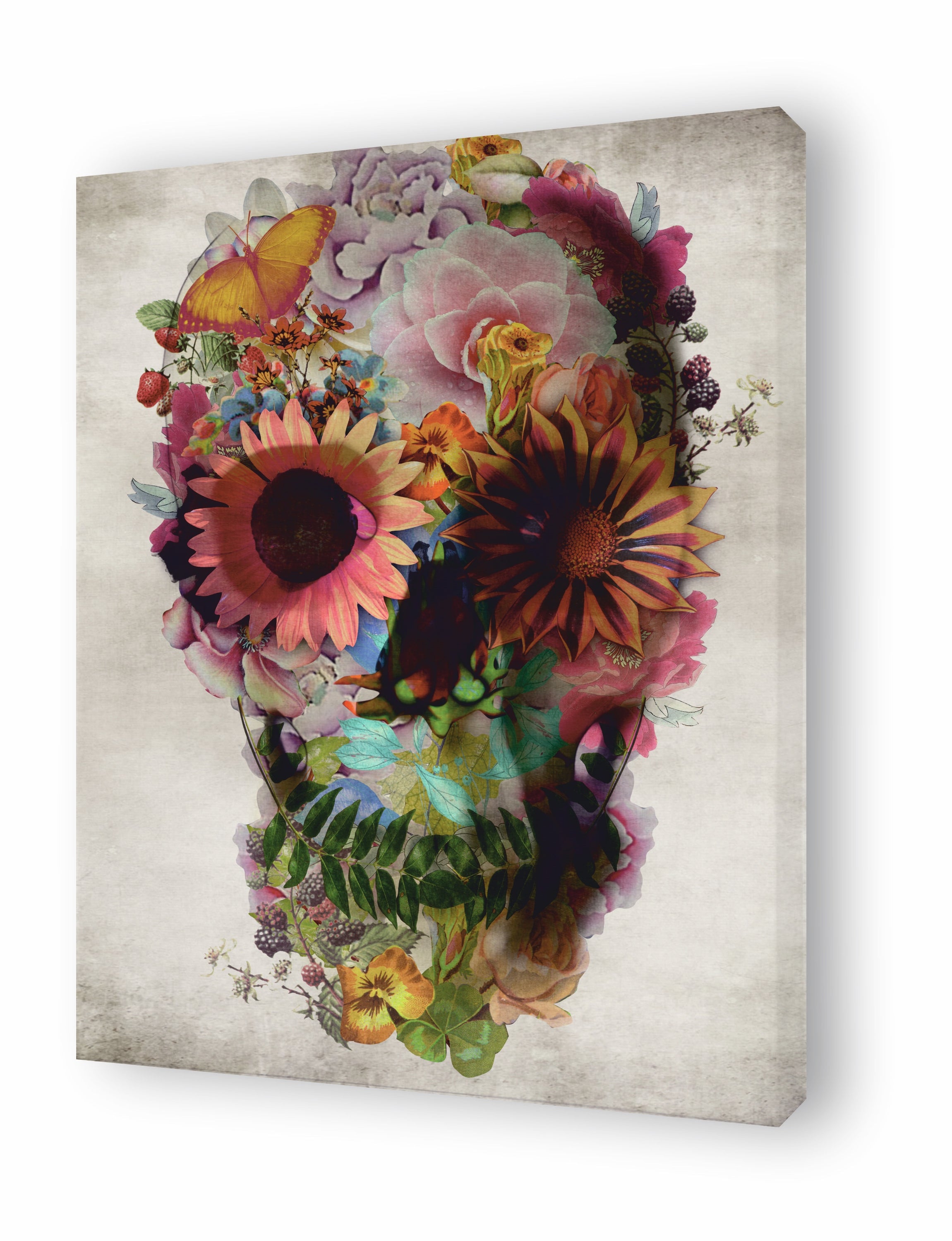 A vibrant floral skull illustration by Ali Gulec, featuring intricate floral patterns and vintage design elements.