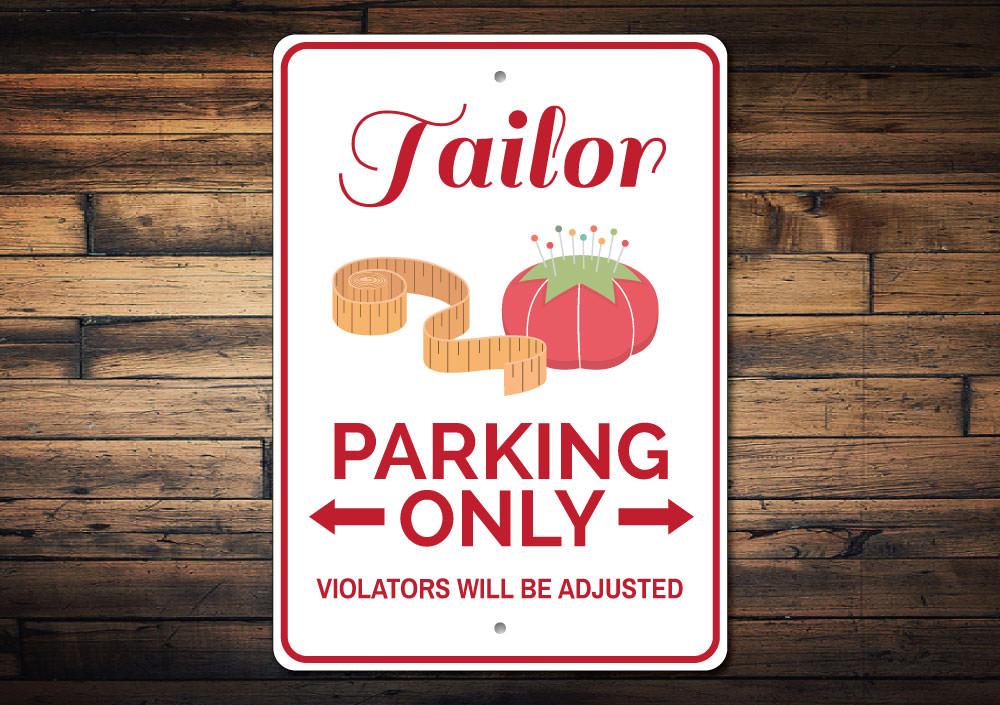 A customizable Tailor Parking Sign made of aluminum, featuring various designs for different vehicles and professions, with pre-drilled holes for easy mounting.