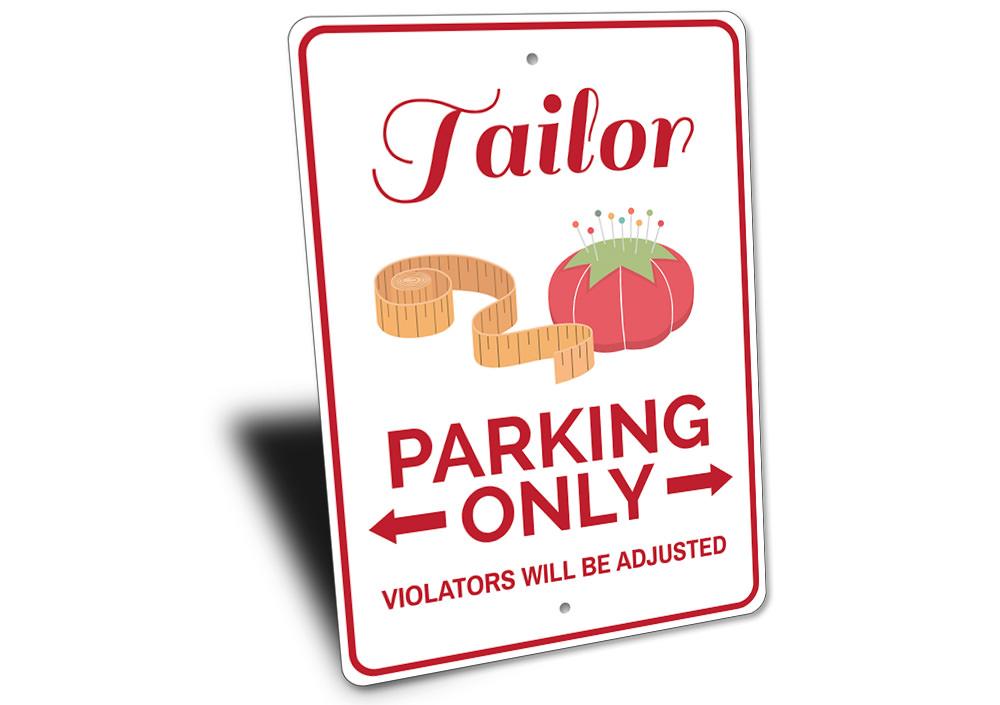 A customizable Tailor Parking Sign made of aluminum, featuring various designs for different vehicles and professions, with pre-drilled holes for easy mounting.