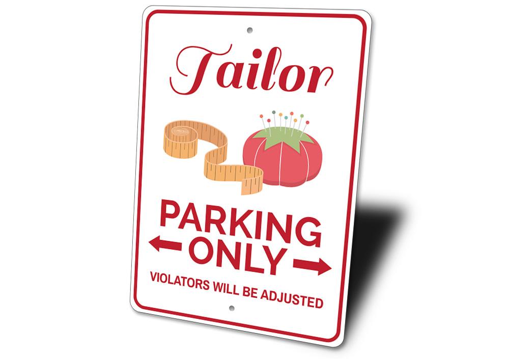 A customizable Tailor Parking Sign made of aluminum, featuring various designs for different vehicles and professions, with pre-drilled holes for easy mounting.