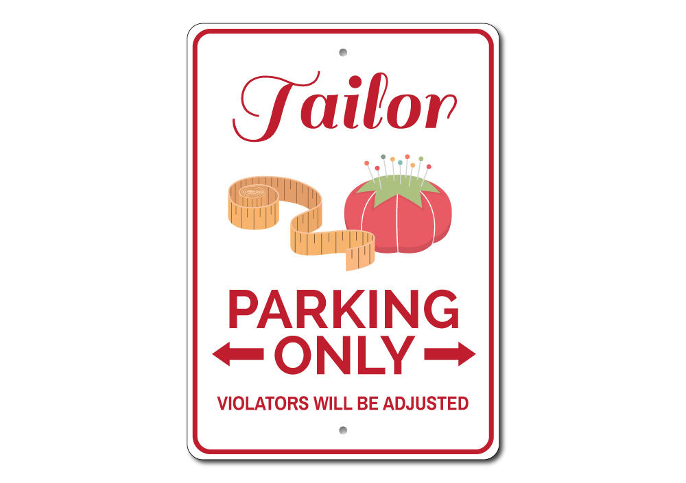 A customizable Tailor Parking Sign made of aluminum, featuring various designs for different vehicles and professions, with pre-drilled holes for easy mounting.