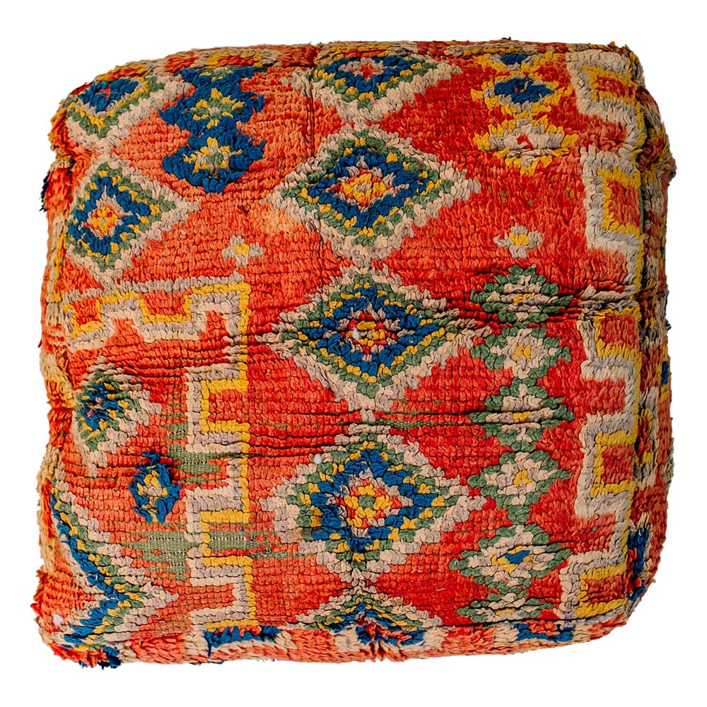 Take Me To Tunis Berber Pillow, 28x28 inches, featuring vibrant orange, blue, and yellow colors, handmade from vintage wool rug.