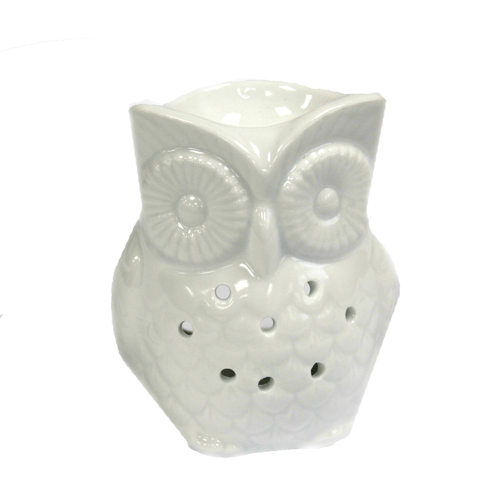 Tall Owl Oil Burner in white ceramic, featuring an elegant owl design with candle light shining through, perfect for essential oils and wax melts.