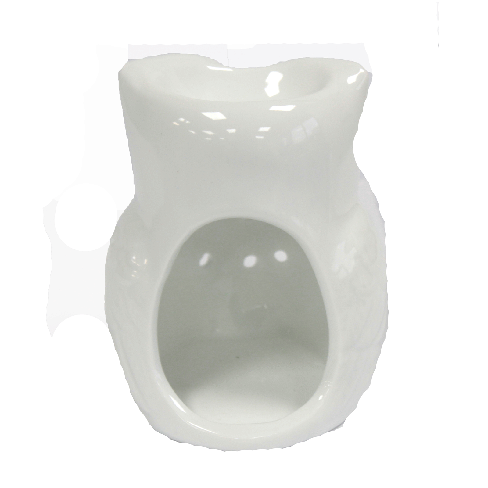 Tall Owl Oil Burner in white ceramic, featuring an elegant owl design with candle light shining through, perfect for essential oils and wax melts.