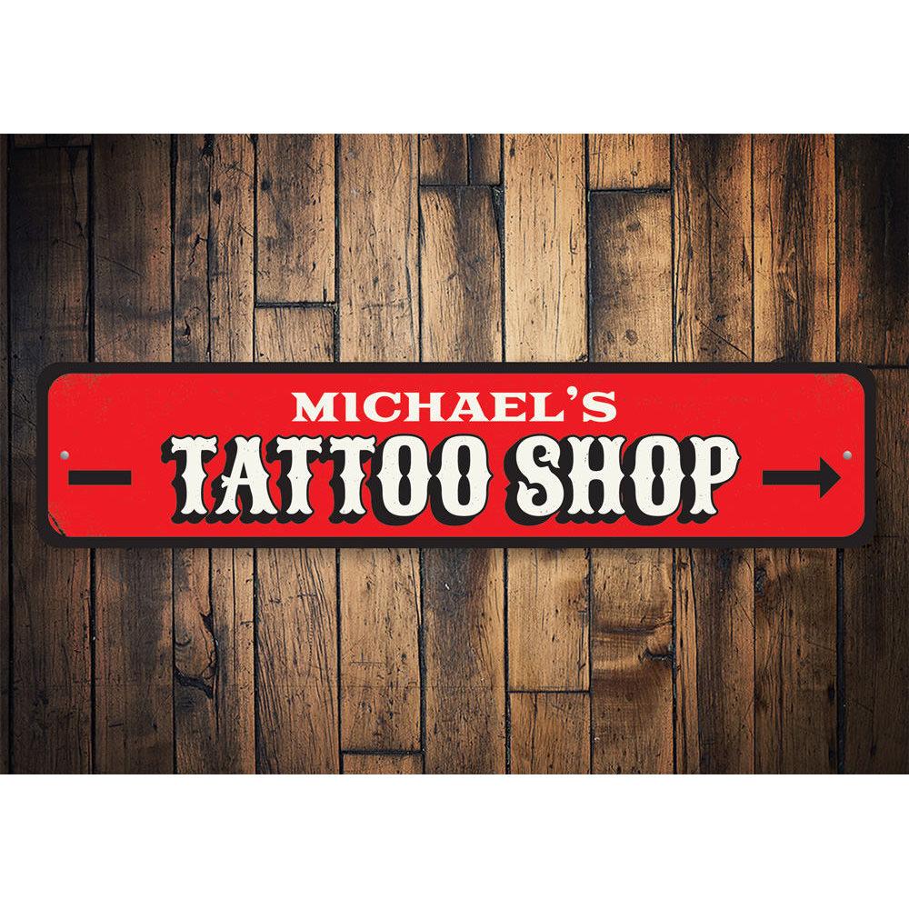 Customizable aluminum Tattoo Shop Sign with pre-drilled holes for easy mounting, showcasing vibrant colors and unique design.