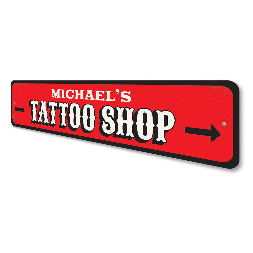 Customizable aluminum Tattoo Shop Sign with pre-drilled holes for easy mounting, showcasing vibrant colors and unique design.