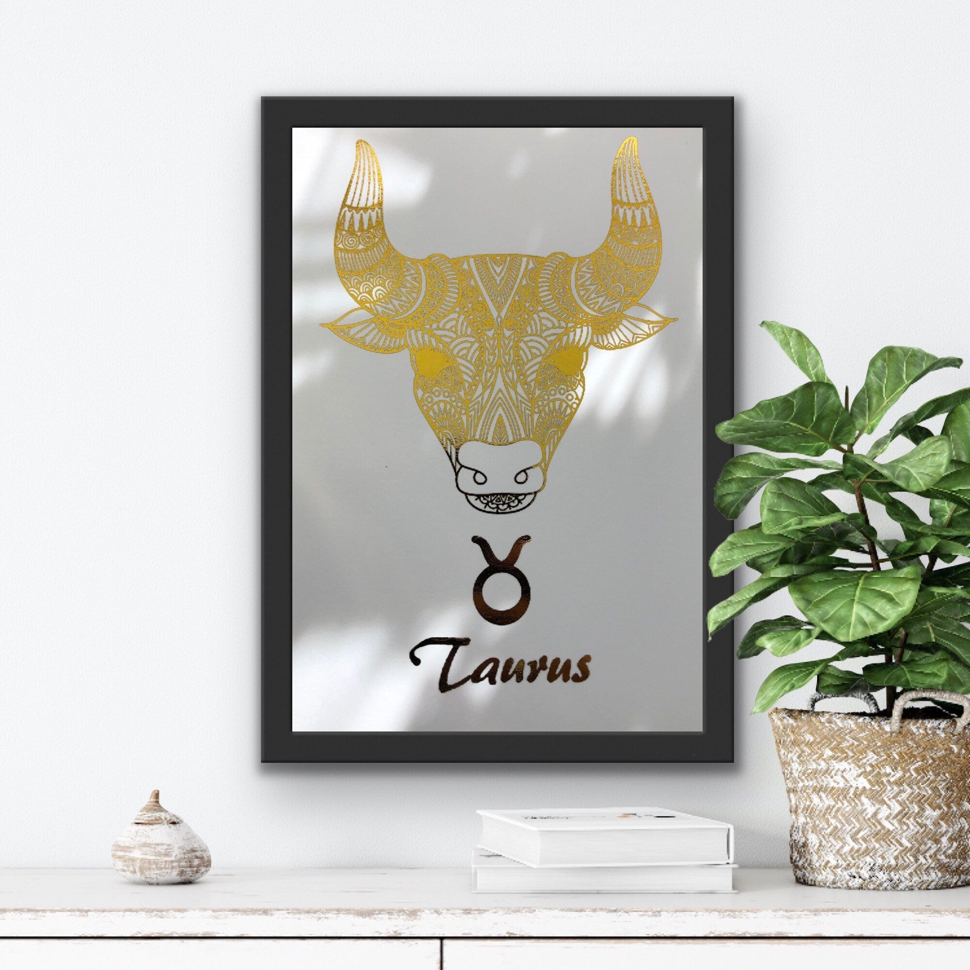 Taurus Star Sign Foil Print featuring a bull design with metallic accents, ideal for home decor.