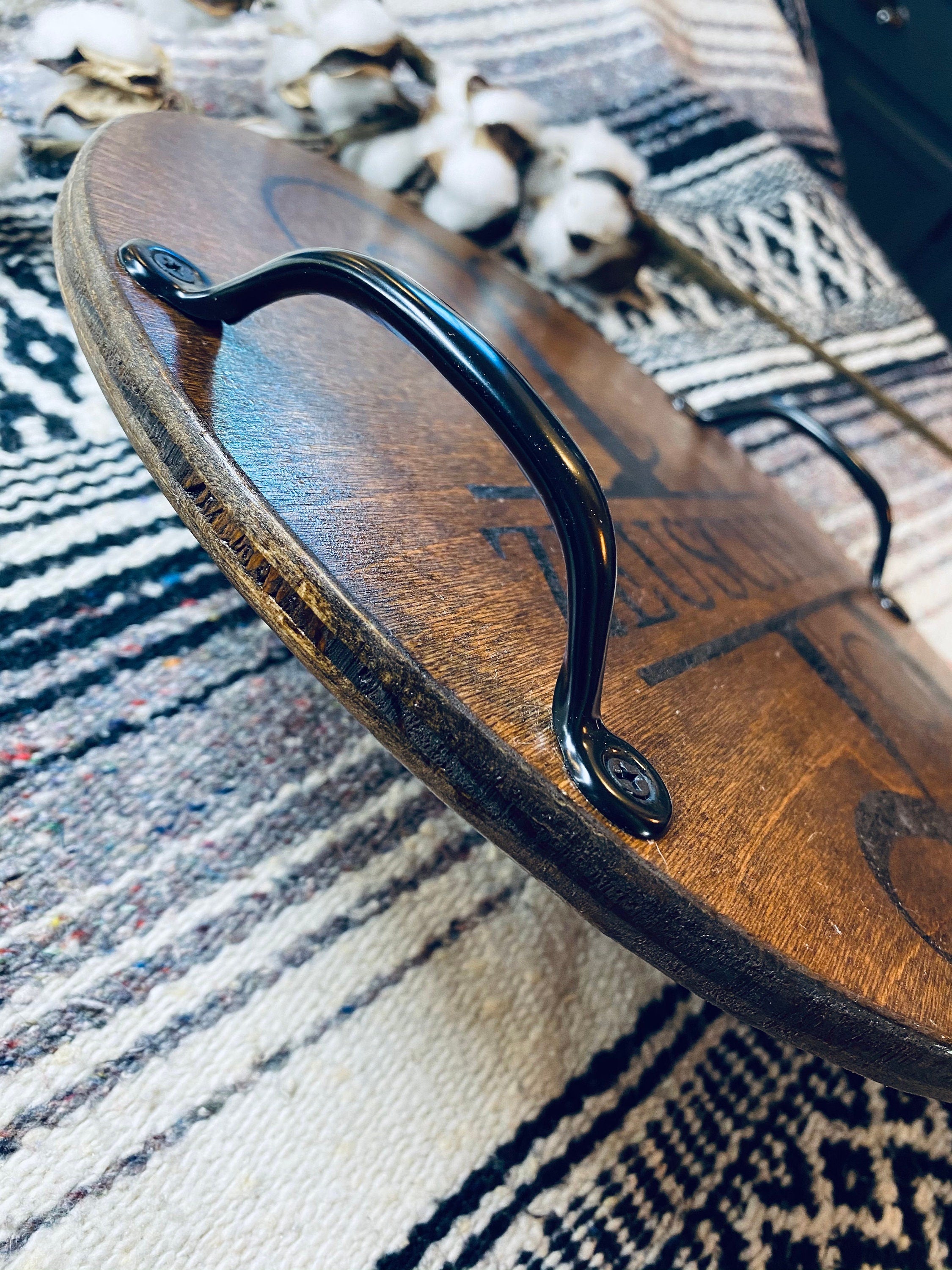 Handmade wood serving tray with black metal handles, stained walnut finish, perfect for tea bars and decorative displays.