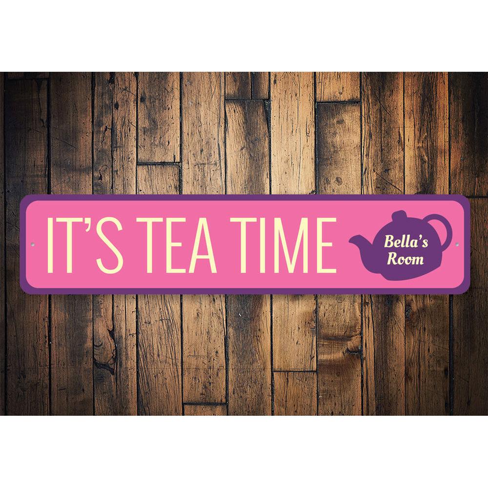 Customizable Tea Time Sign made of high-quality aluminum, featuring a charming design perfect for home decor.