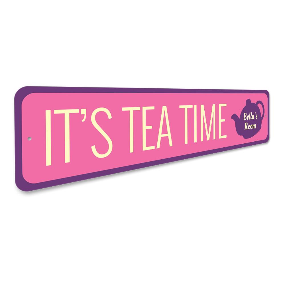 Customizable Tea Time Sign made of high-quality aluminum, featuring a charming design perfect for home decor.