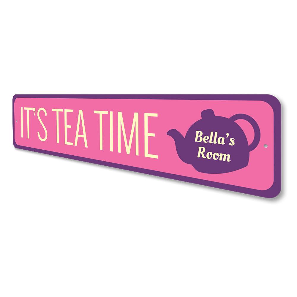 Customizable Tea Time Sign made of high-quality aluminum, featuring a charming design perfect for home decor.