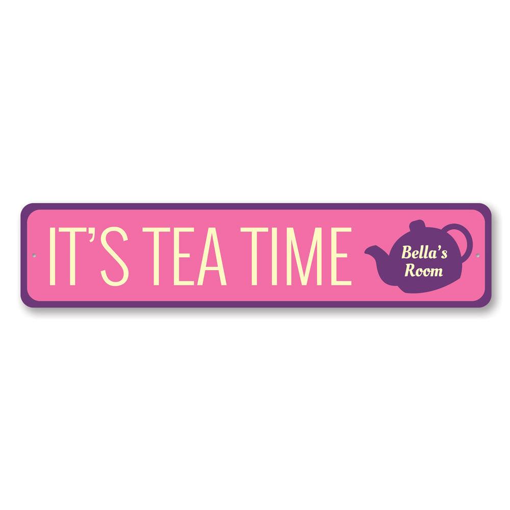 Customizable Tea Time Sign made of high-quality aluminum, featuring a charming design perfect for home decor.