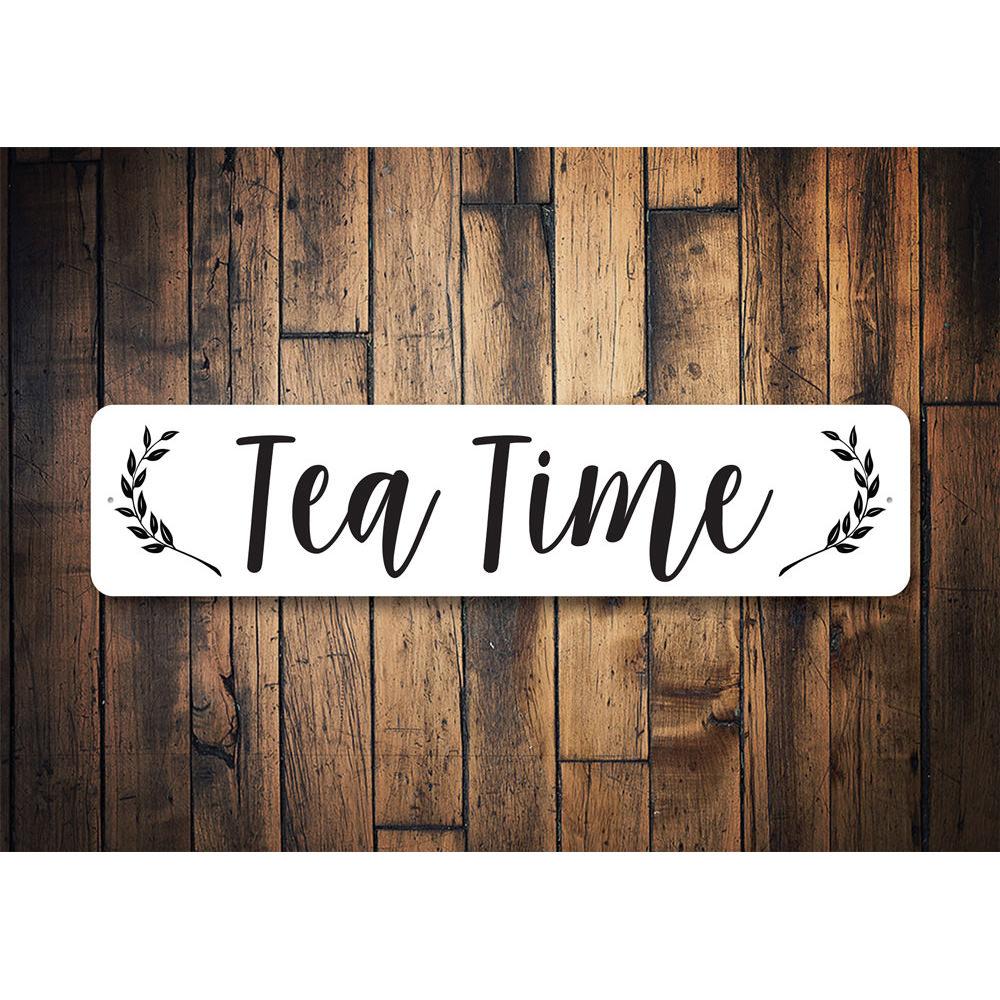 A beautifully crafted Tea Time Sign made of high-quality aluminum, featuring elegant design elements perfect for home decor.