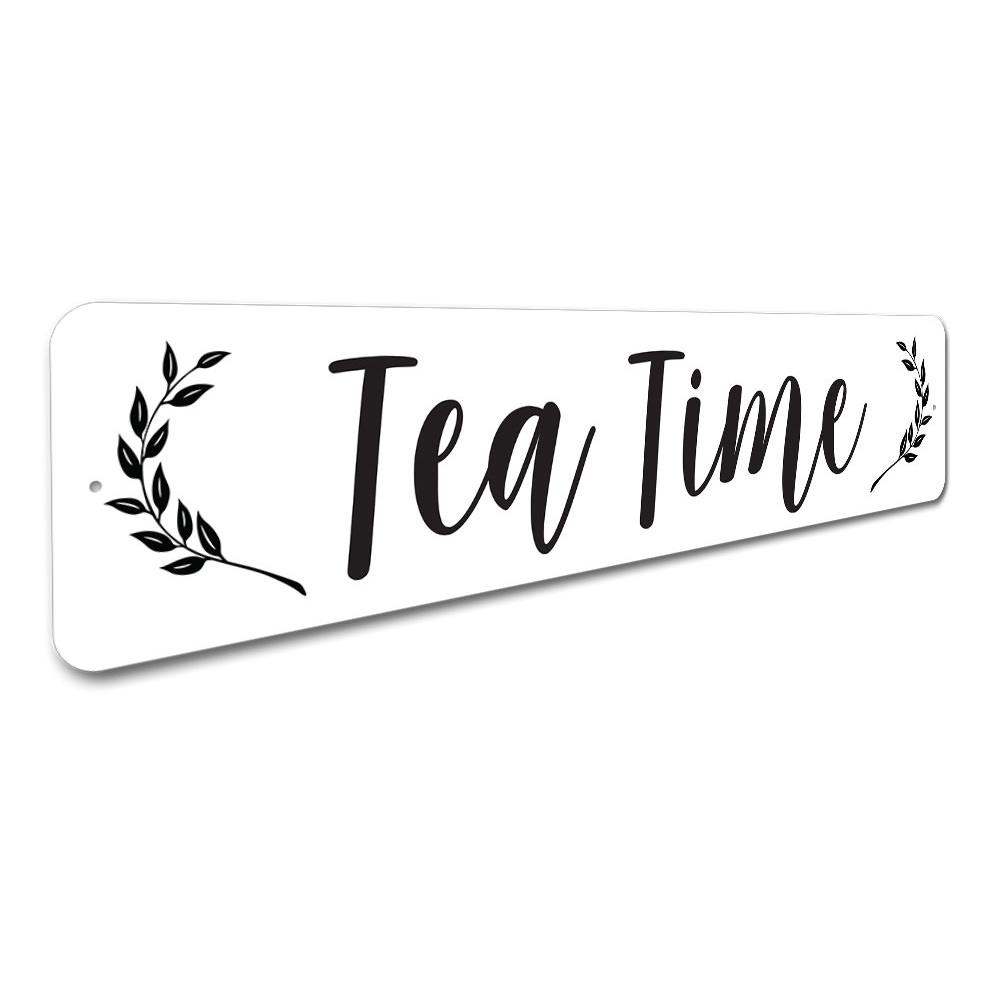 A beautifully crafted Tea Time Sign made of high-quality aluminum, featuring elegant design elements perfect for home decor.