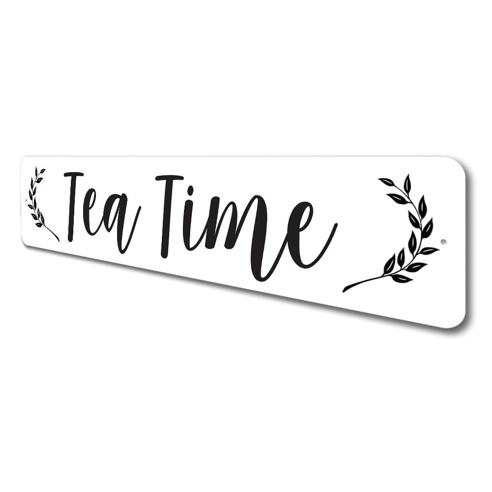 A beautifully crafted Tea Time Sign made of high-quality aluminum, featuring elegant design elements perfect for home decor.