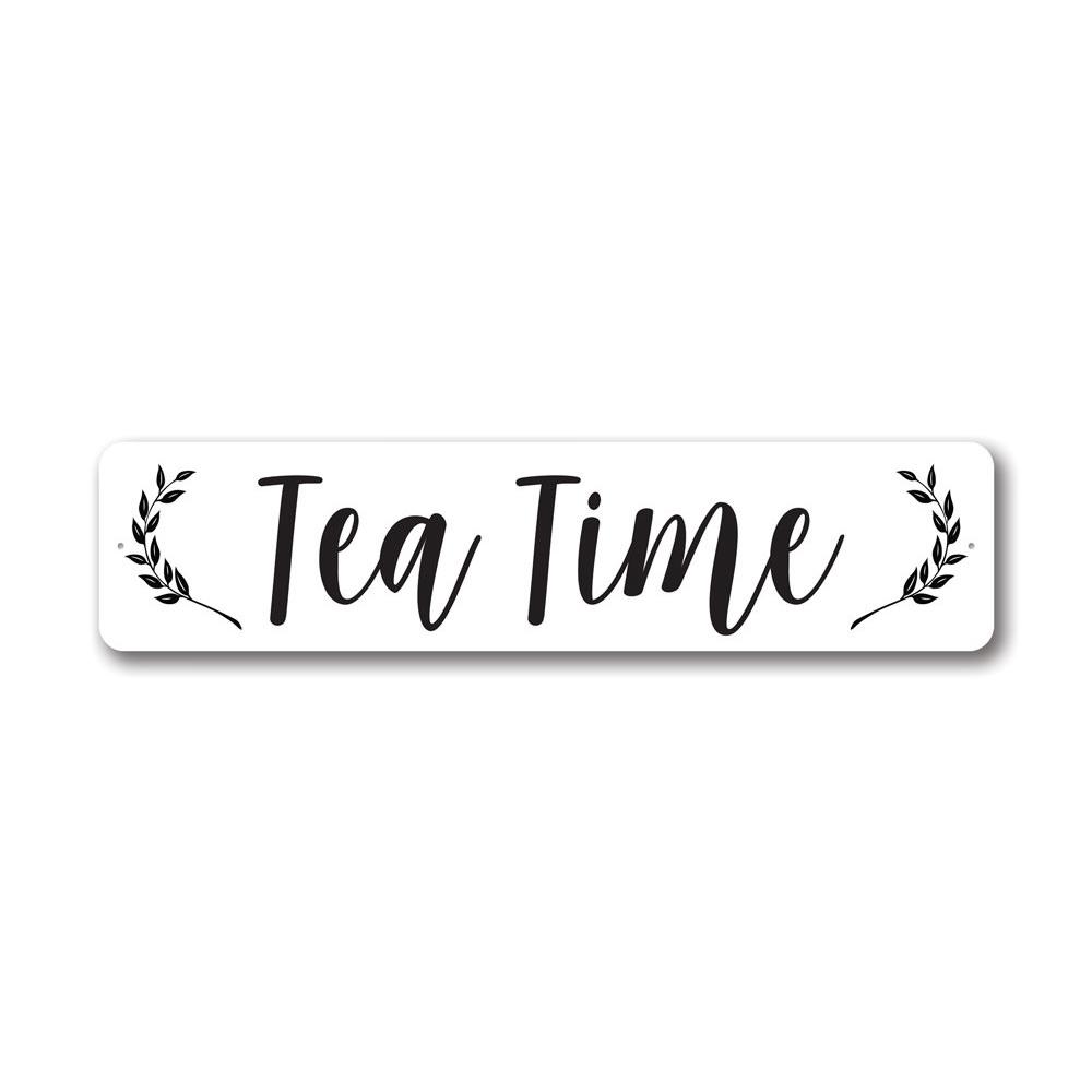 A beautifully crafted Tea Time Sign made of high-quality aluminum, featuring elegant design elements perfect for home decor.