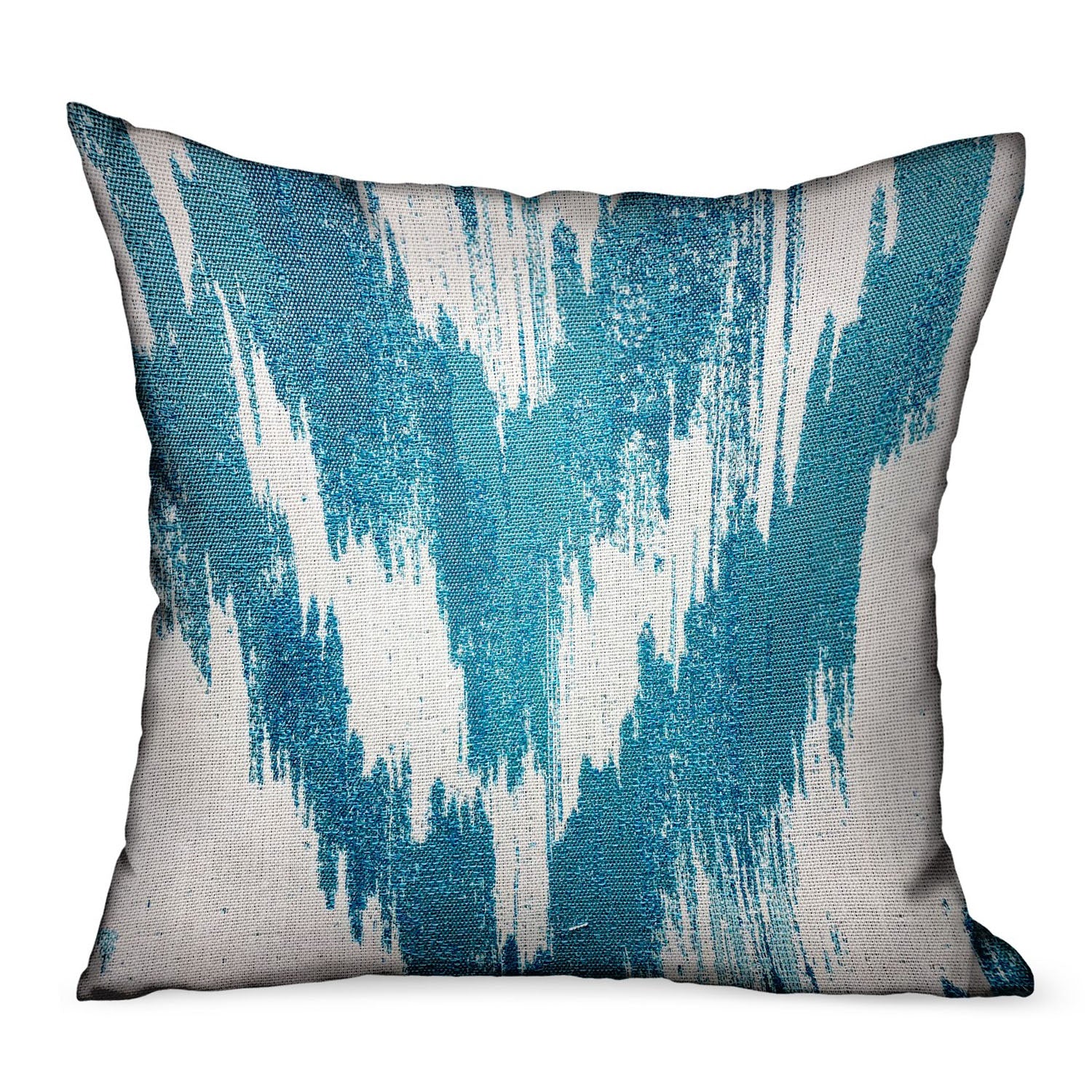 Teal Avalanche Blue Ikat Luxury Throw Pillow showcasing vibrant blue Ikat pattern, durable Sunbrella fabric, and invisible zipper closure.