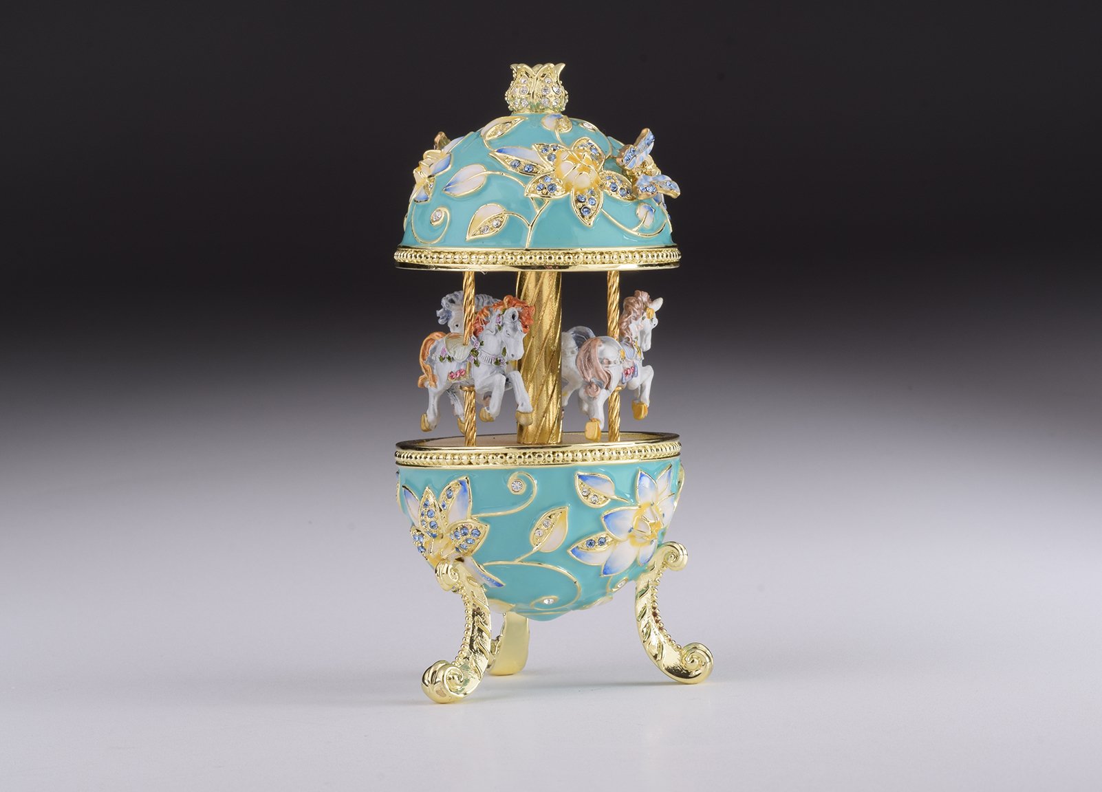 Teal Wind up Musical Carousel trinket box with Austrian crystals and gold or silver plating, beautifully handcrafted by Keren Kopal.