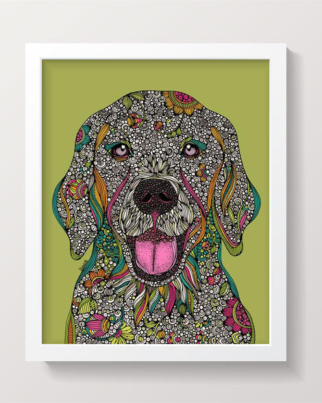 Art print of Teddy the Golden Retriever, showcasing vibrant colors and adorable features, perfect for dog lovers.