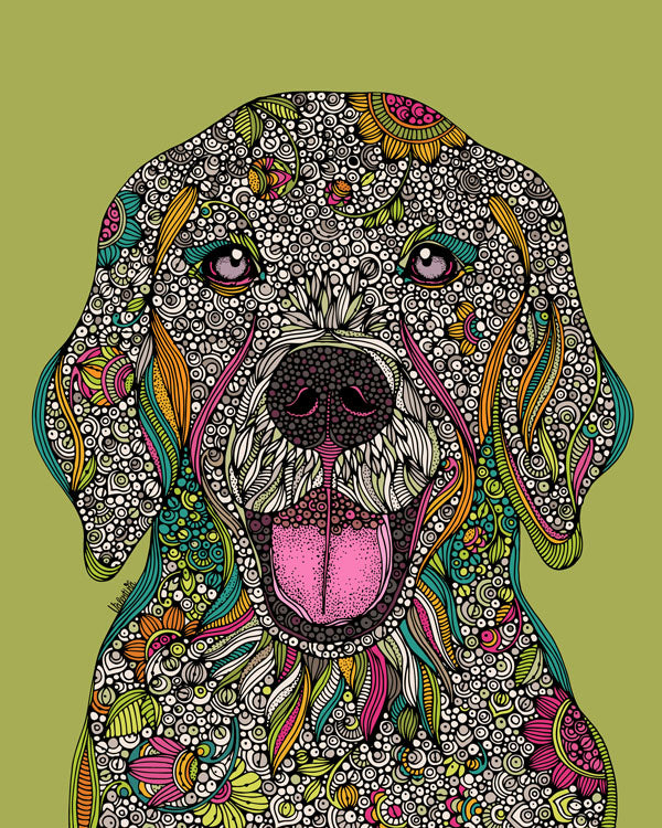 Art print of Teddy the Golden Retriever, showcasing vibrant colors and adorable features, perfect for dog lovers.