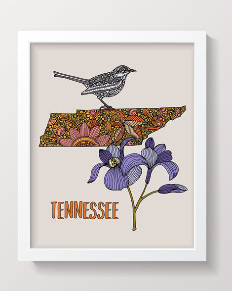 An archival art print of the Tennessee State Map featuring intricate pen and ink details with vibrant digital coloring, sized 8x10 inches.