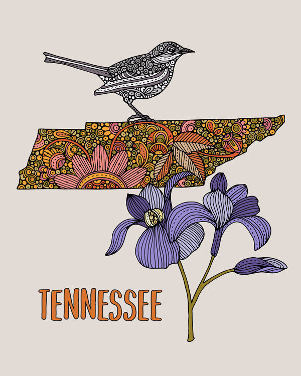 An archival art print of the Tennessee State Map featuring intricate pen and ink details with vibrant digital coloring, sized 8x10 inches.