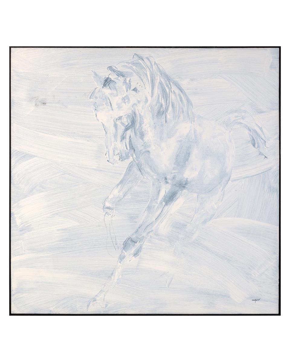 A stunning artwork of a pale horse running across a canvas, framed in elegant black molding, by artist Teng Fei.