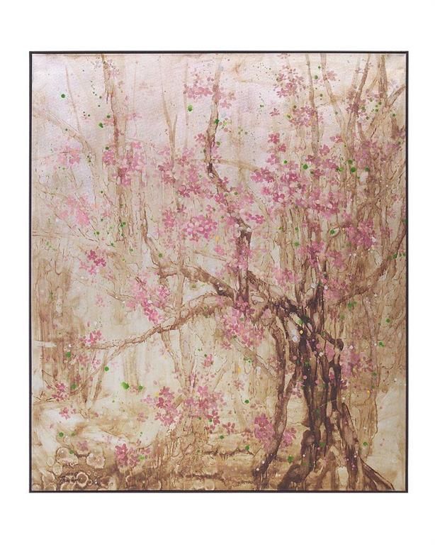 Teng Fei's Plum Blossom I painting featuring vibrant cherry blossoms on a sienna background, measuring 51 inches wide and 59 inches high.