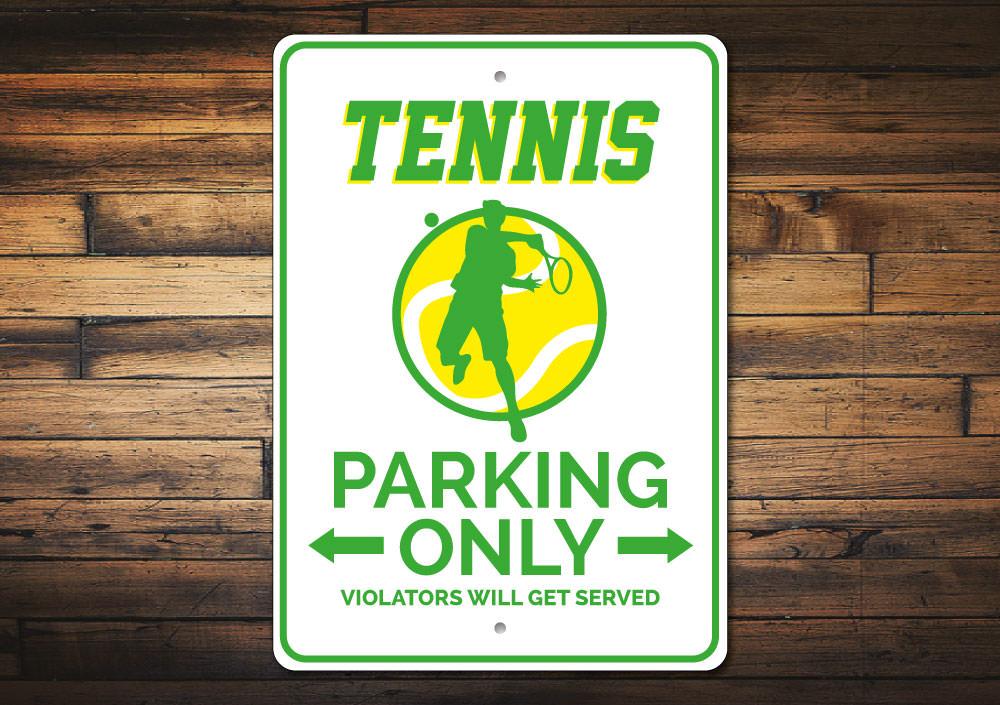 Custom Tennis Parking Sign made of durable aluminum, featuring pre-drilled holes for easy installation, showcasing vibrant colors and personalized text options.