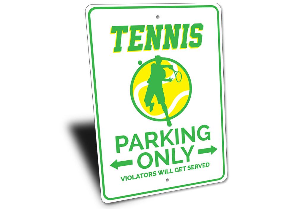 Custom Tennis Parking Sign made of durable aluminum, featuring pre-drilled holes for easy installation, showcasing vibrant colors and personalized text options.