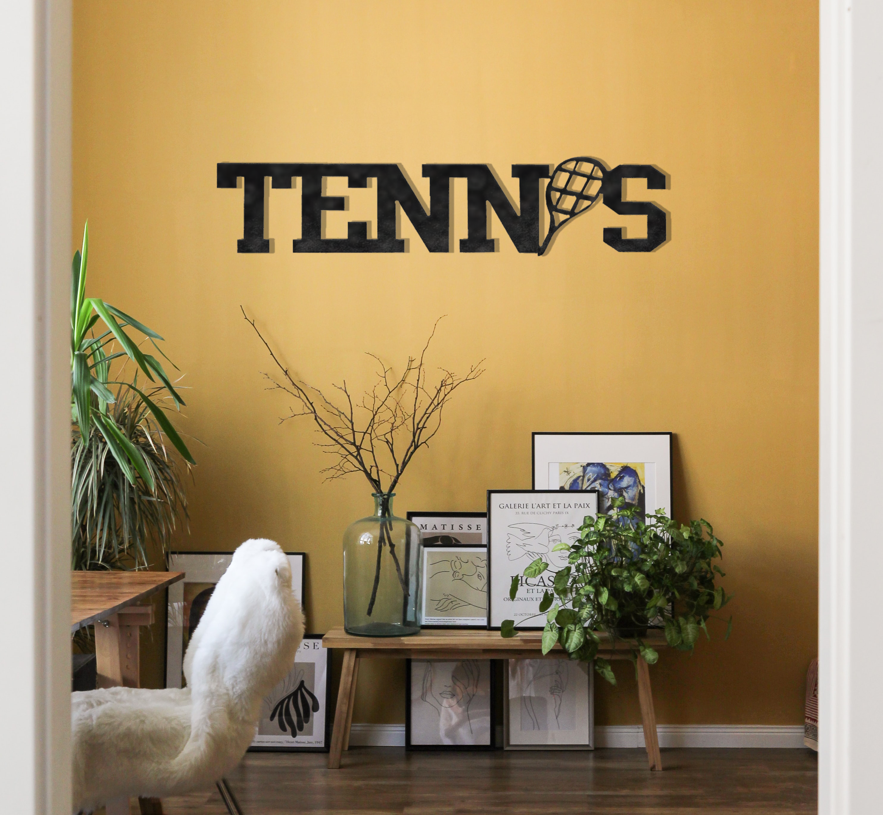 Tennis Word Metal Wall Art made from high-quality 14 gauge steel, featuring a sleek design perfect for tennis enthusiasts.