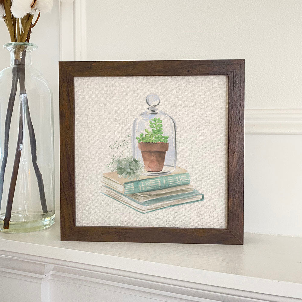 Terrarium and Books framed sign with a stylized wood frame, eco-friendly printing on a linen-look background.