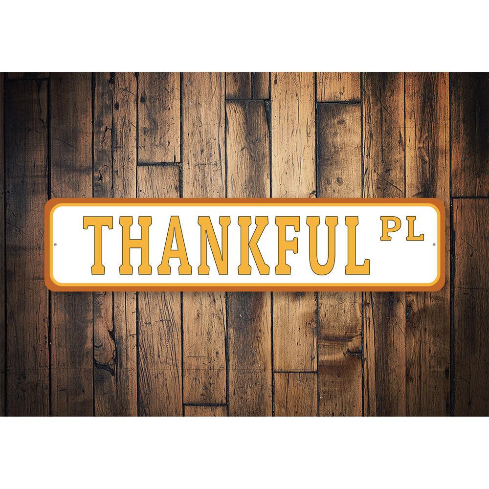 A festive Thanksgiving Street Sign made of durable aluminum, featuring autumn-themed designs and customizable text options.