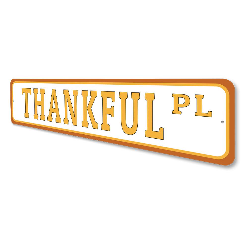 A festive Thanksgiving Street Sign made of durable aluminum, featuring autumn-themed designs and customizable text options.