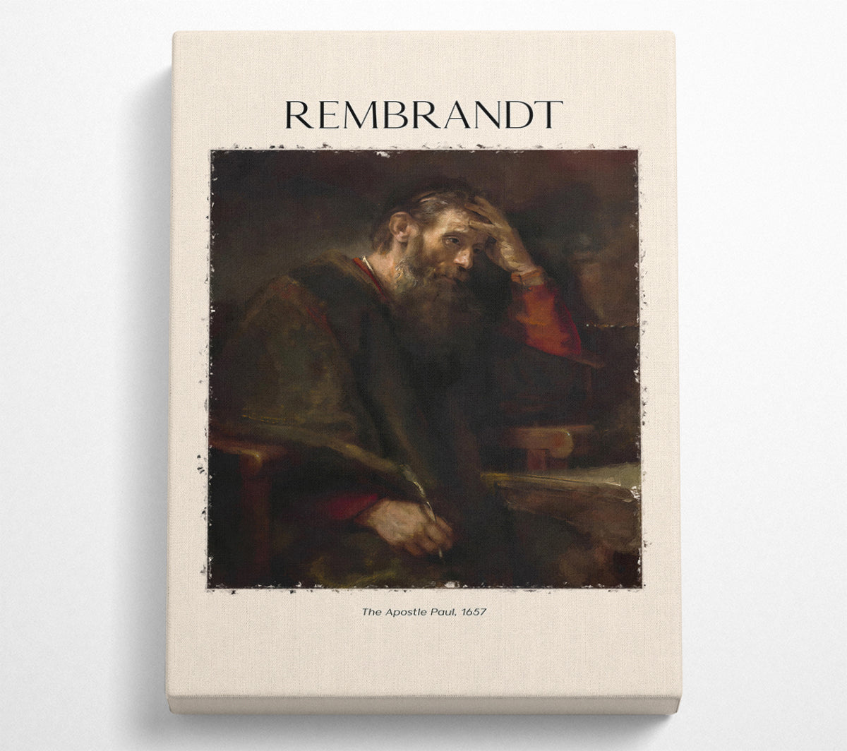 A detailed canvas print of 'The Apostle Paul' by Rembrandt, showcasing rich colors and intricate details, mounted on a sturdy box frame.