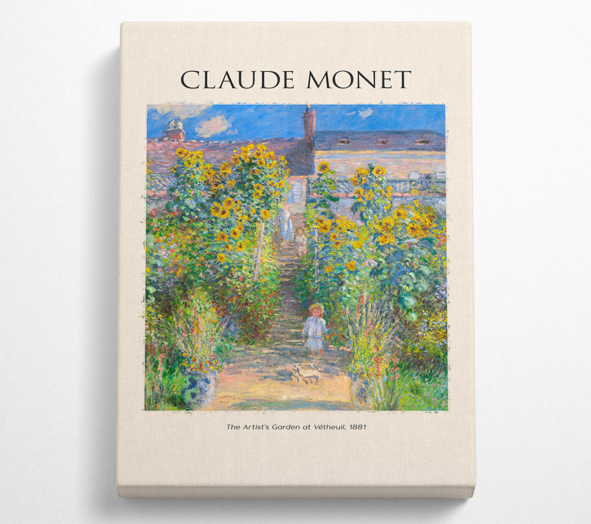 A vibrant canvas print of 'The Artist's Garden at Vétheuil' by Claude Monet, showcasing lush greenery and colorful flowers.