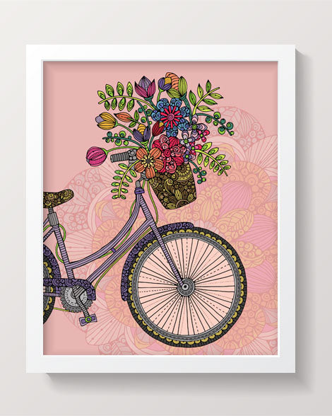 An archival art print titled 'The Bike', featuring original pen and ink art with vibrant digital coloring, sized 8x10 inches.