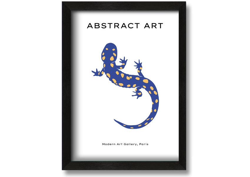 A vibrant framed print of a blue gecko, showcasing intricate details and colors, available in various frame colors.