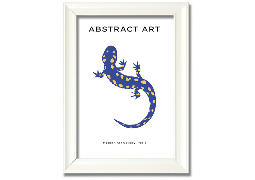 A vibrant framed print of a blue gecko, showcasing intricate details and colors, available in various frame colors.