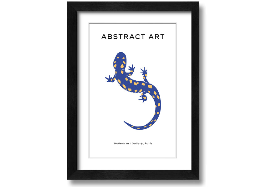 A vibrant framed print of a blue gecko, showcasing intricate details and colors, available in various frame colors.