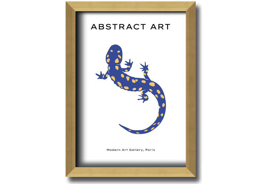 A vibrant framed print of a blue gecko, showcasing intricate details and colors, available in various frame colors.