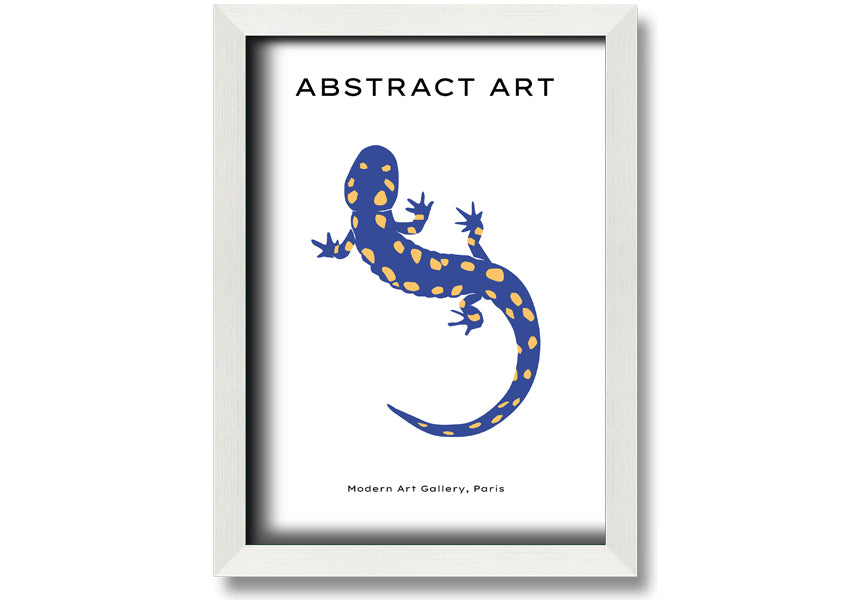 A vibrant framed print of a blue gecko, showcasing intricate details and colors, available in various frame colors.